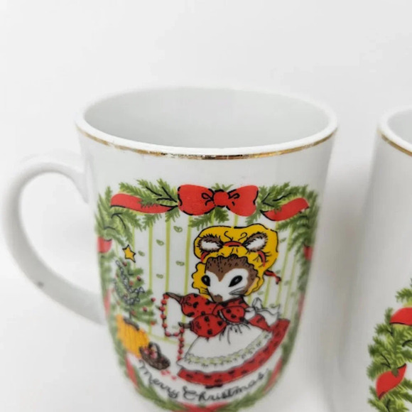 Vintage Pair Two George Good Merry Christmas Mouse Tea Cups Holiday Japan Mugs - Picture 6 of 7